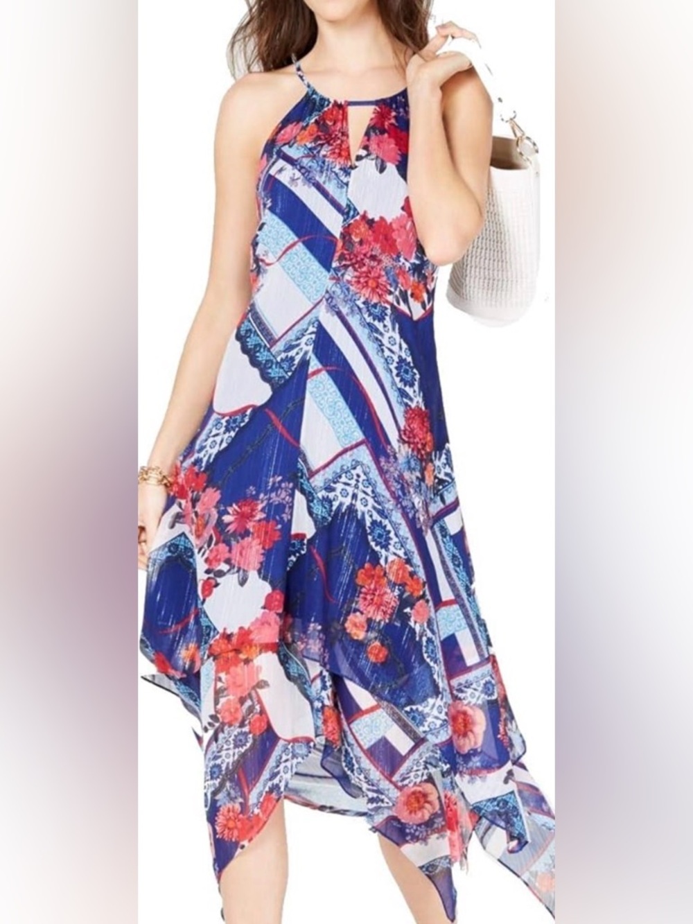 INC International Concepts Navy and Red Floral Asymmetrical Halter Dress